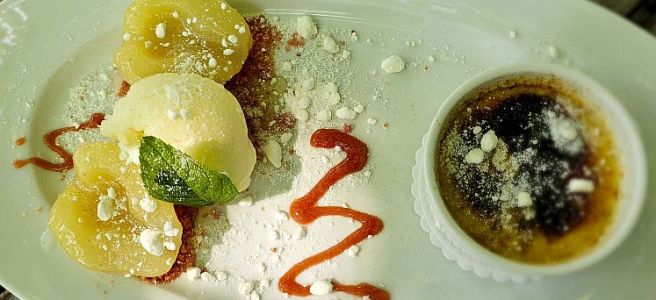 Cinnamon crème brûlée, poached pears, and pear sorbet at the Kyfelsen Inn